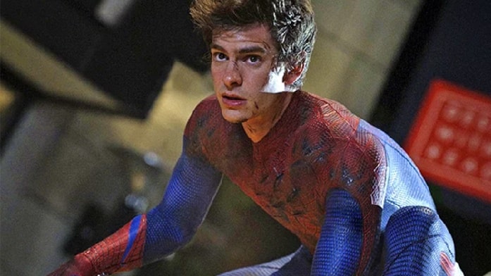 Andrew Garfield wearing blue and red suit of Spiderman